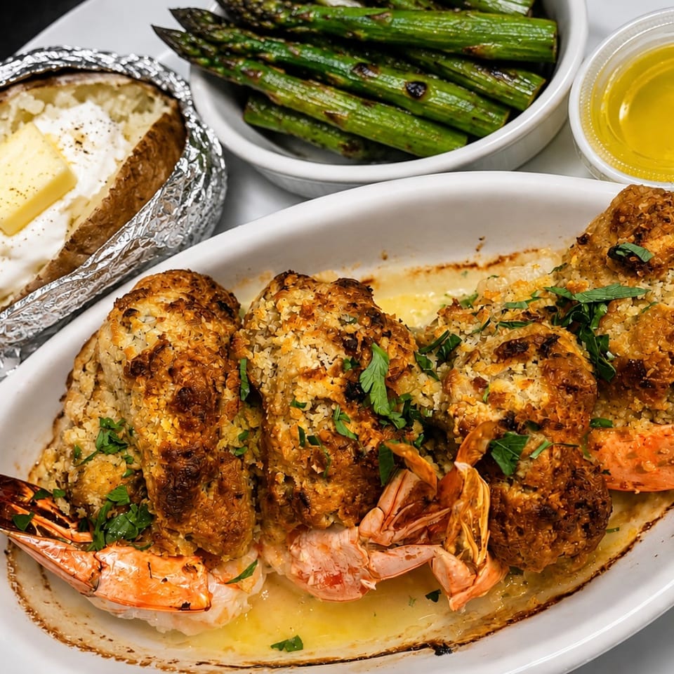Baked stuffed shrimp with a side of asparagus, baked potato, and butter sauce.