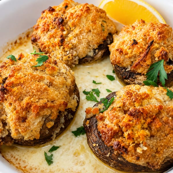 Four baked stuffed mushrooms topped with golden breadcrumbs and parsley, served in a creamy sauce with an orange slice.