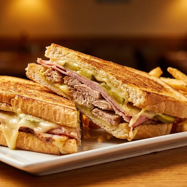 A Cuban sandwich, cut in half, with fries on a white plate on a wooden table.