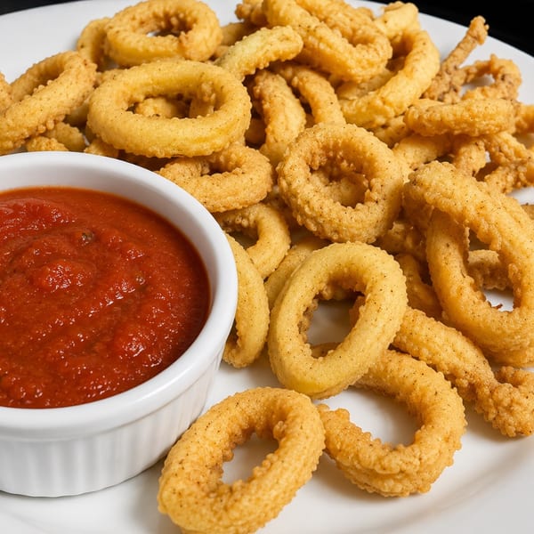 Crispy golden fried calamari rings served with a side of vibrant red marinara sauce on a white plate.