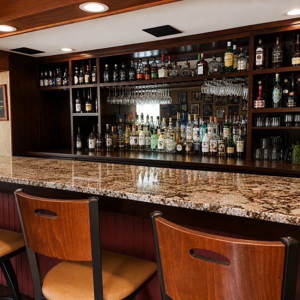 Charlie's Place bar with granite countertop, bar stools, and a well-stocked back bar.