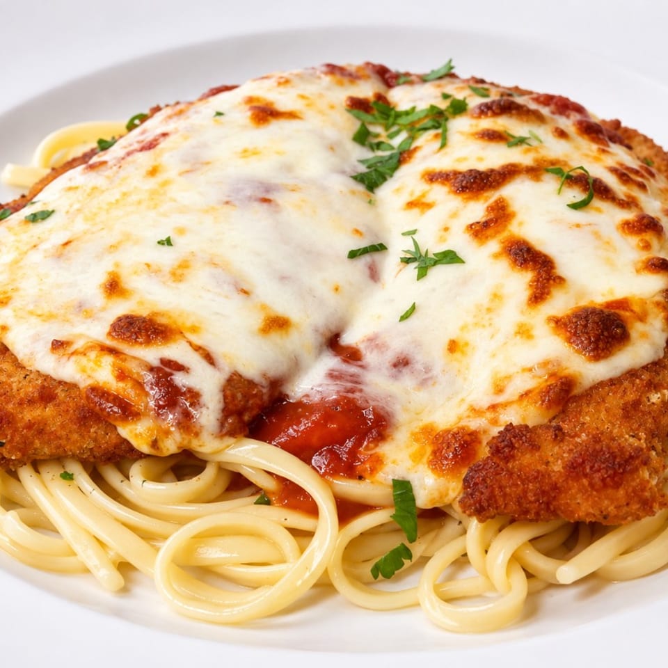Chicken Parmesan with melted cheese and marinara sauce, served over spaghetti on a white plate.