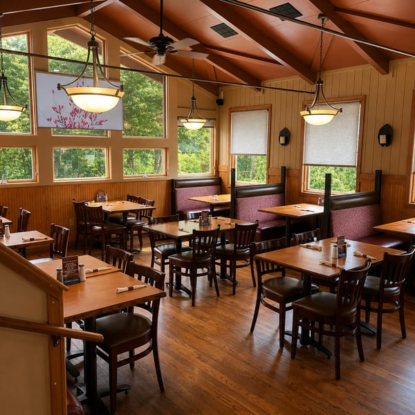 Charlie's Place dining room with wood tables, booths, and large windows overlooking greenery.